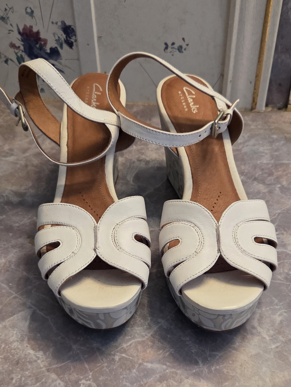Clarks White Leather Platform Sandals with Ankle Strap